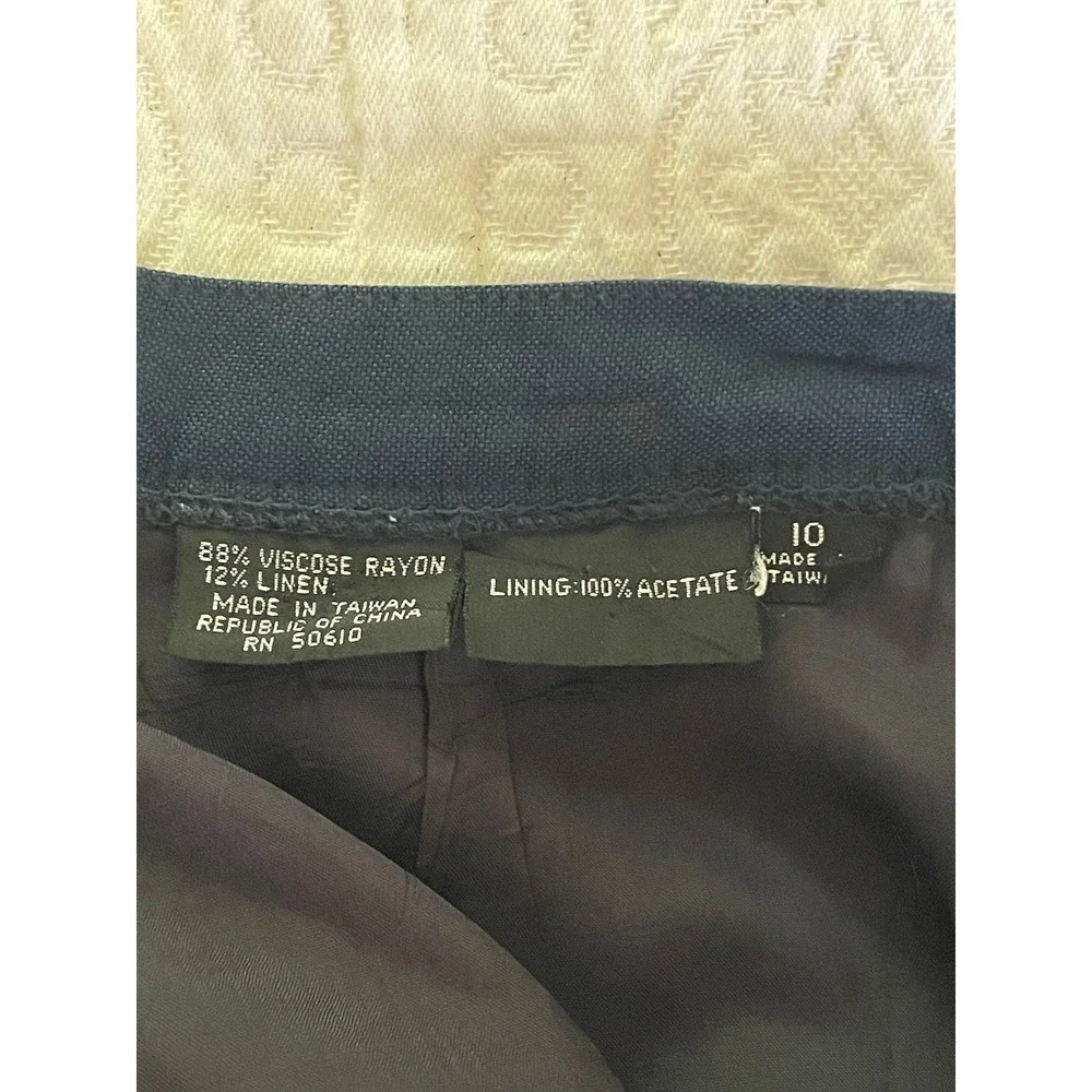 Vintage Navy Blue‎ Linen Blend Midi Skirt High Waisted Back Slit Size 10 Pockets
